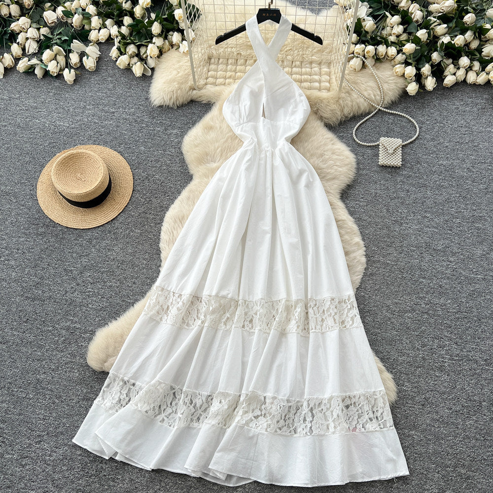 French riviera style white lace trim halter dress - high waist a-line maxi dress for a chic and alluring look