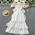 French riviera style white lace trim halter dress - high waist a-line maxi dress for a chic and alluring look