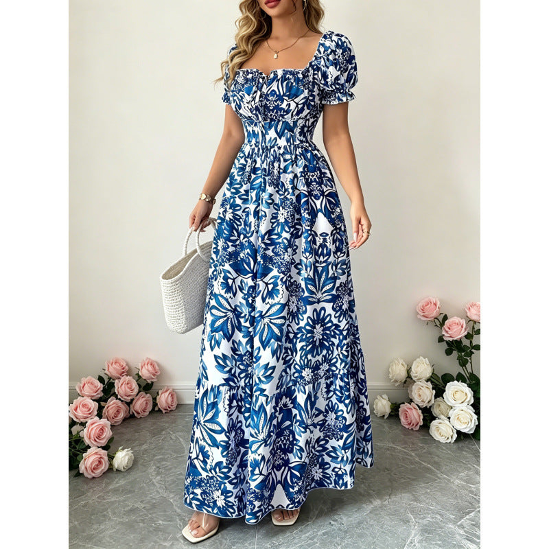 code new arrival  original women's square collar puff sleeves floralsprinting waist a-line skirt