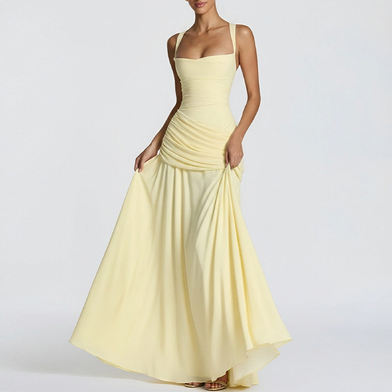 european and american export women's clothing: elegant and sexy solid color sleeveless cinched waist swing dress with spaghetti straps