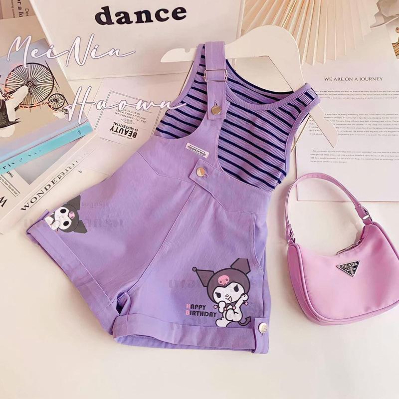 Summer girls' two-piece outfit: striped tank top with one-shoulder straps and shorts, featuring cartoon print, fashionable kuromi korean style
