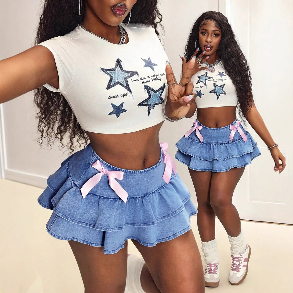 A1-65877# cross-border fashion sweet cool hot girl bow elastic women's spring and summer versatile denim skirt