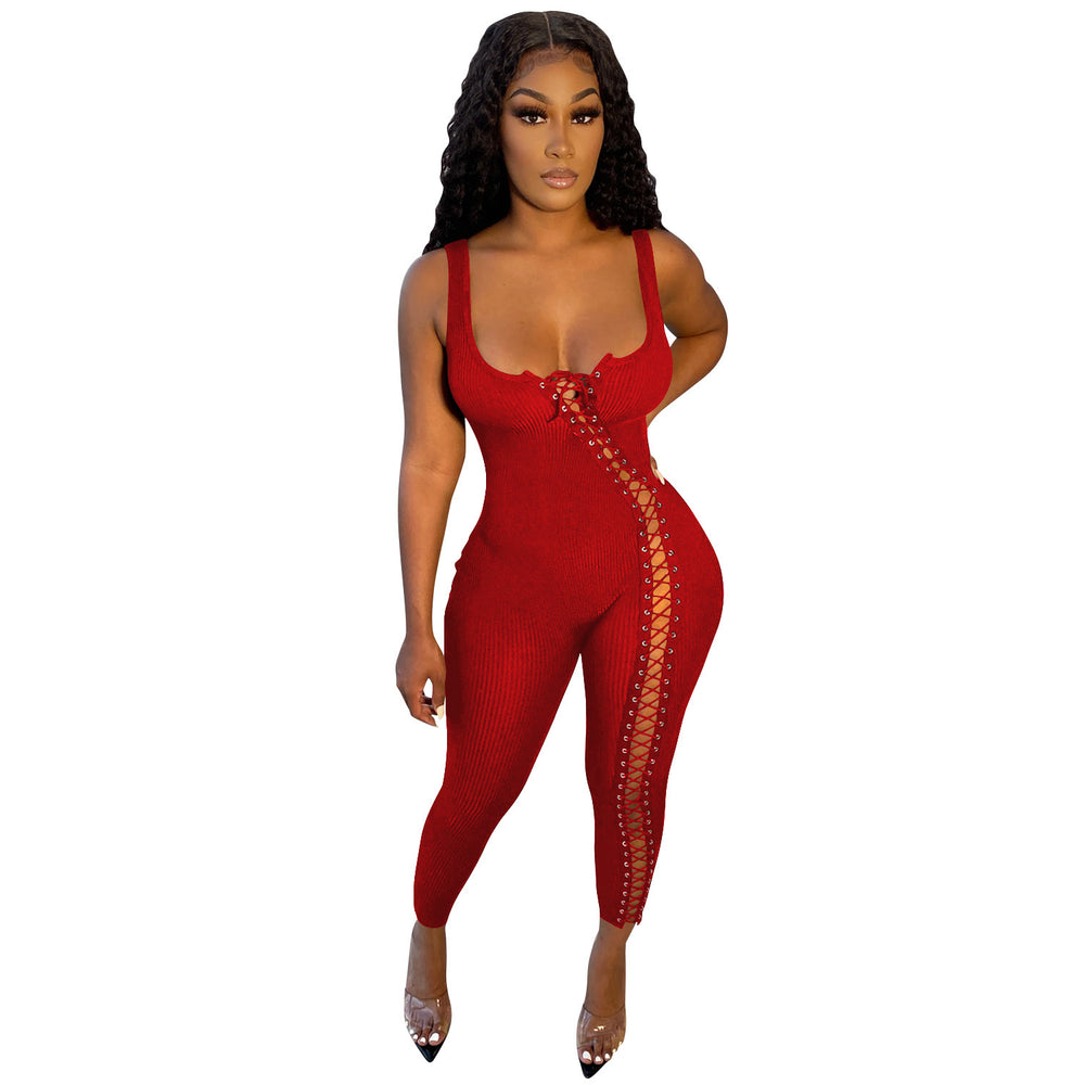 C5245    european and american women's fashion summer new sexy strappy hollow-out jumpsuit
