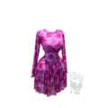 European and american cross-border women's spring  new arrival: long-sleeved crew neck bandeau print cinched waist ruched mini dress