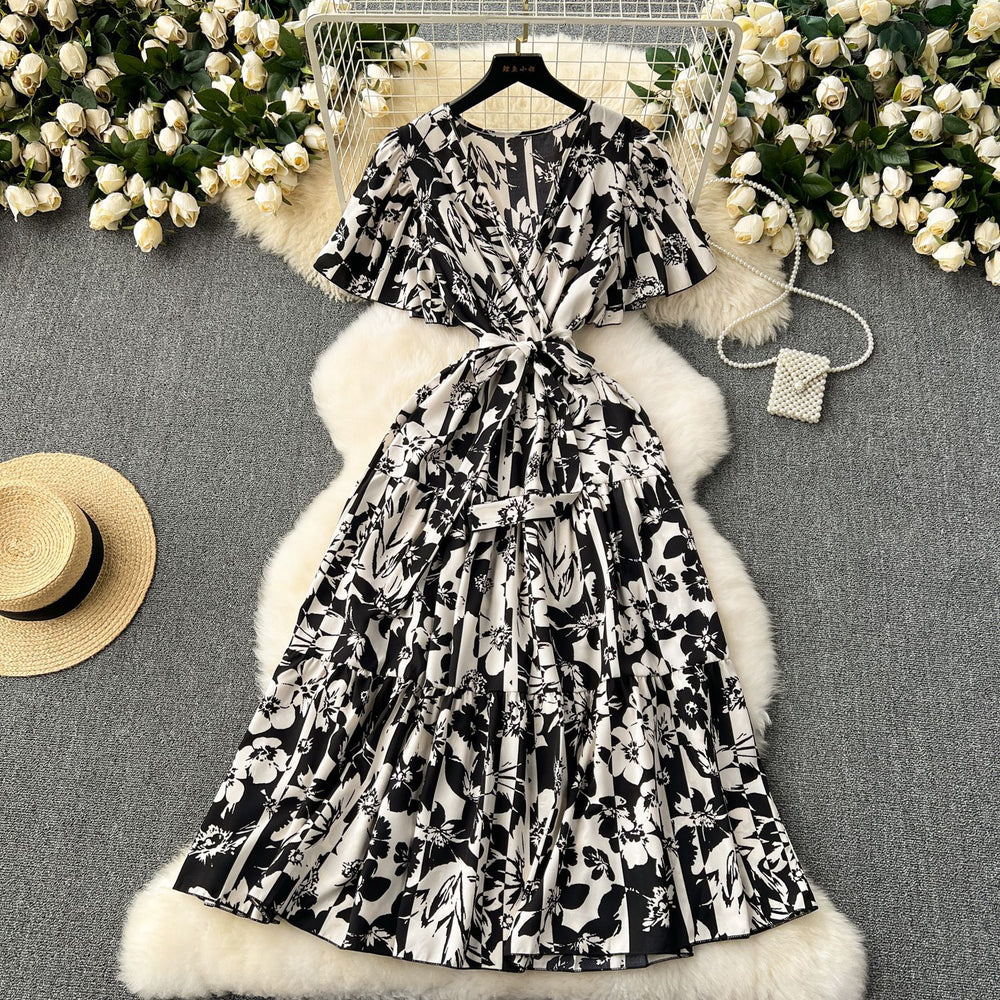 French retro lisianthus dress -  summer new arrival: tie-waist, design-forward, elegant floral chiffon dress