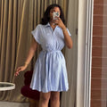 European and american cross-border women's fashion  summer new arrival: elegant notch collar striped cinched waist tie-waist short sleeve shirt dress