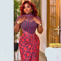 European and american style cross-border slimming waist-defining women's see-through patchwork versatile bodycon skirt pleated printed high-neck maxi dress