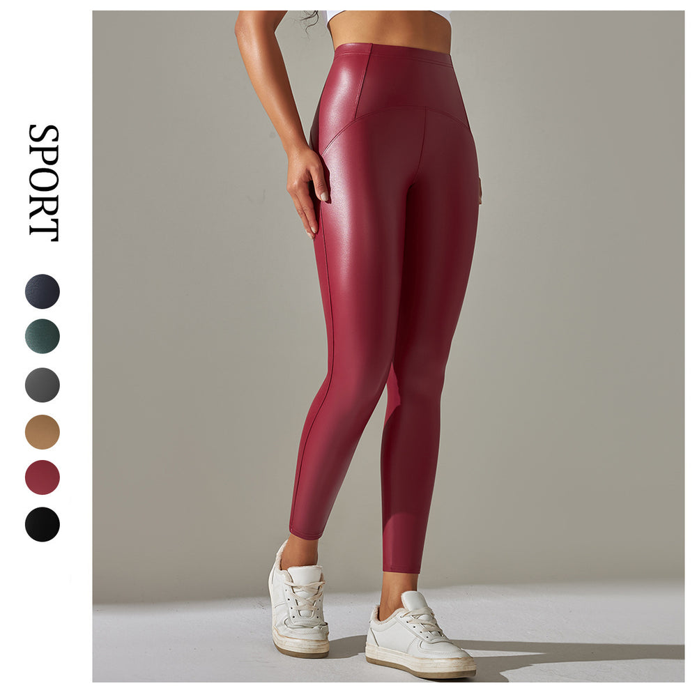 Clearance high waist hip belt t-line tights brushed pu plus size leather pants yoga fitness casual sports bottom pants