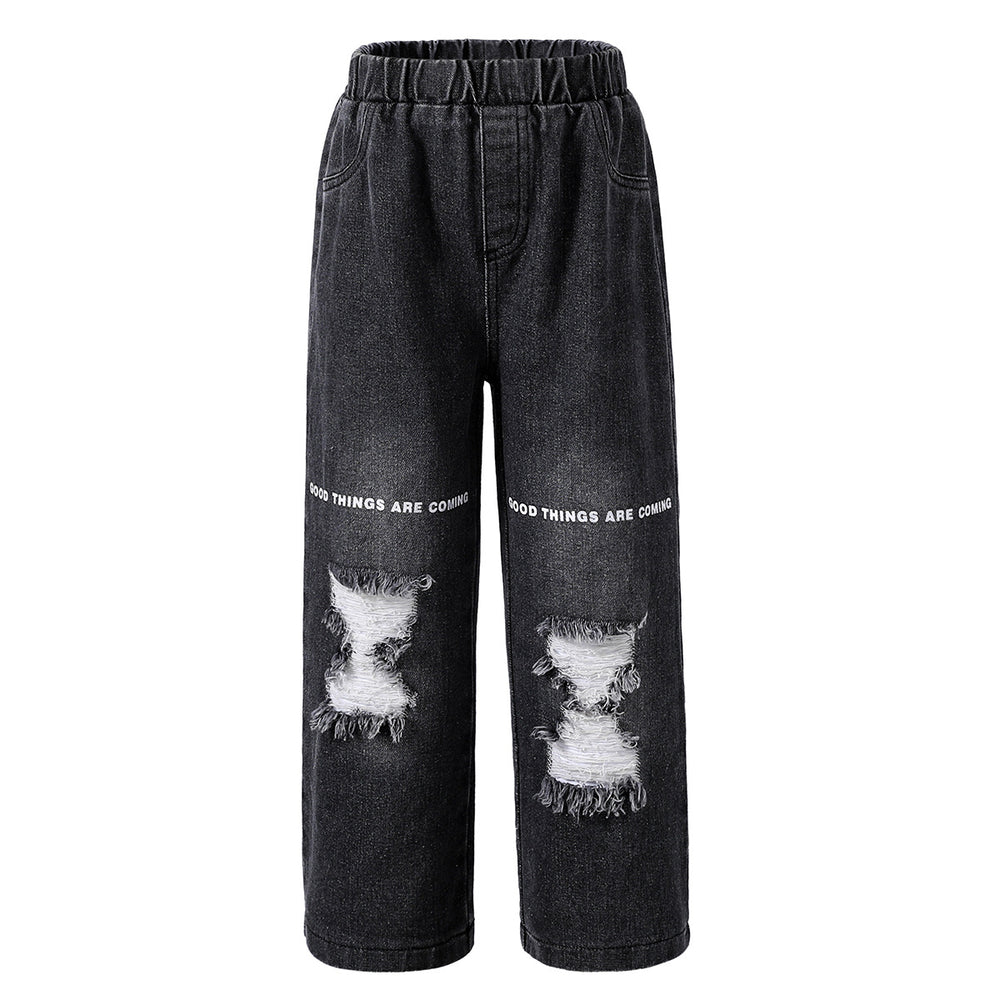 girl jeans black autum ripped letter pants elastic band pants looseloose pants kids pants
