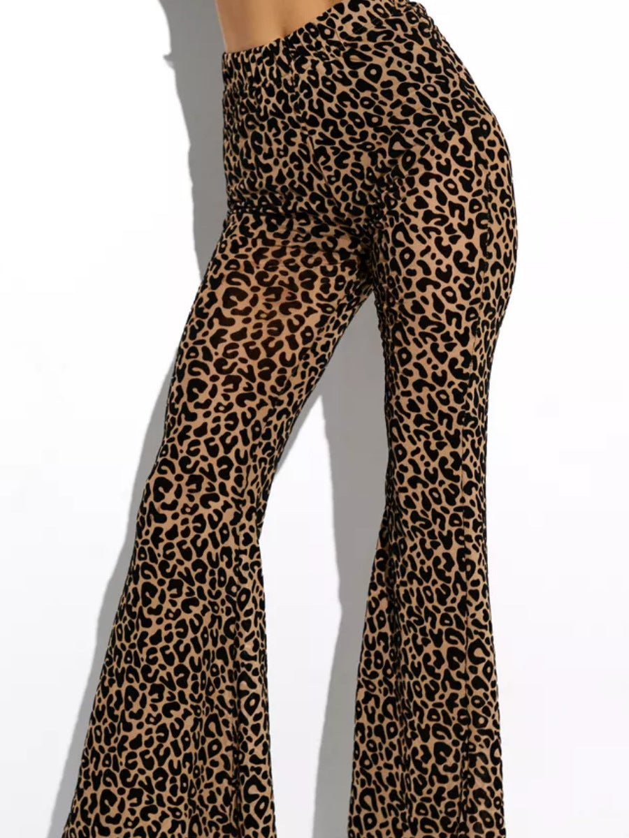 European and american style cross-border independent website women's hot-selling sexy mesh flocked high-waisted leg-lengthening slightly flared casual pants