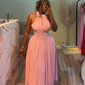 European and american cross-border women's fashion:  summer new arrival - elegant halter neck sleeveless slim-fit pink midi dress