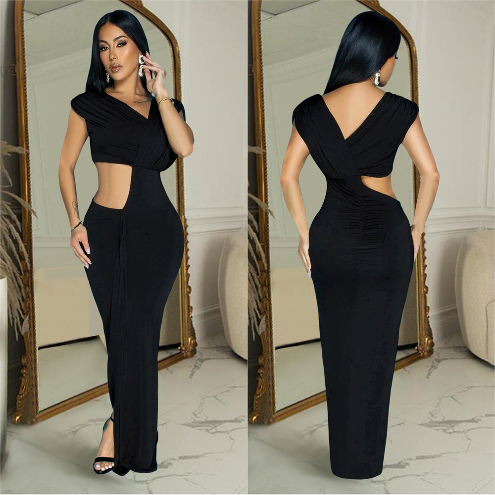 C7061 cross-border   independent station fashionable women's solid color sleeveless deep v dress new arrival