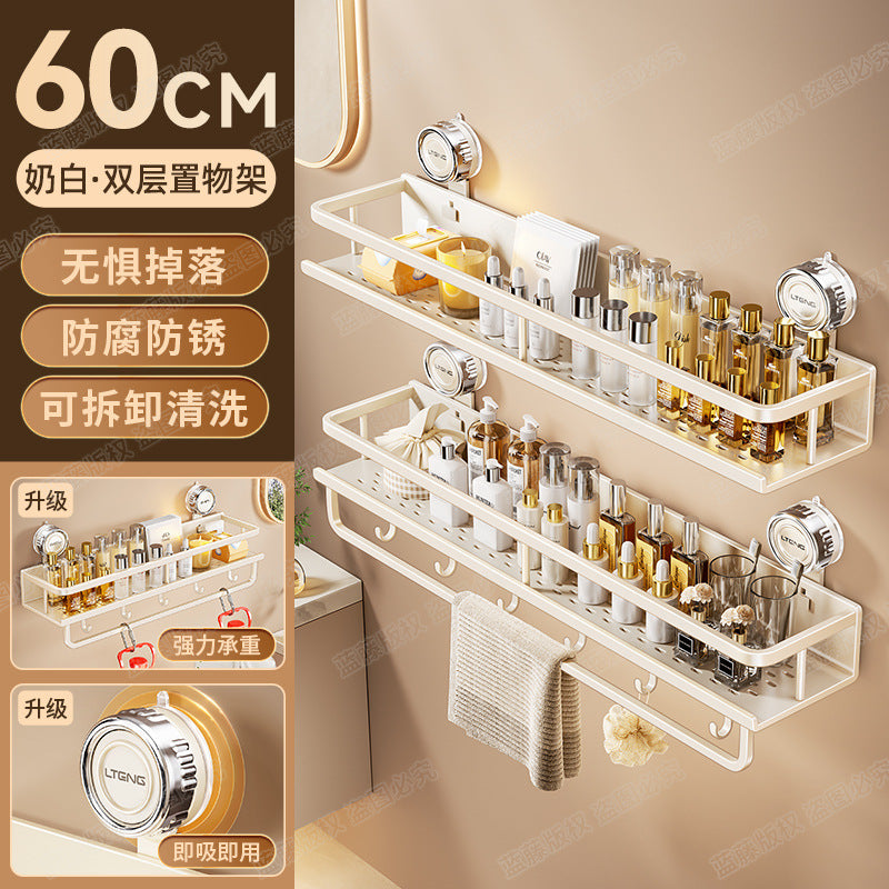 Space aluminum bathroom suction cup rack, wall-mounted non-punching bathroom towel rack, washstand, multi-functional storage