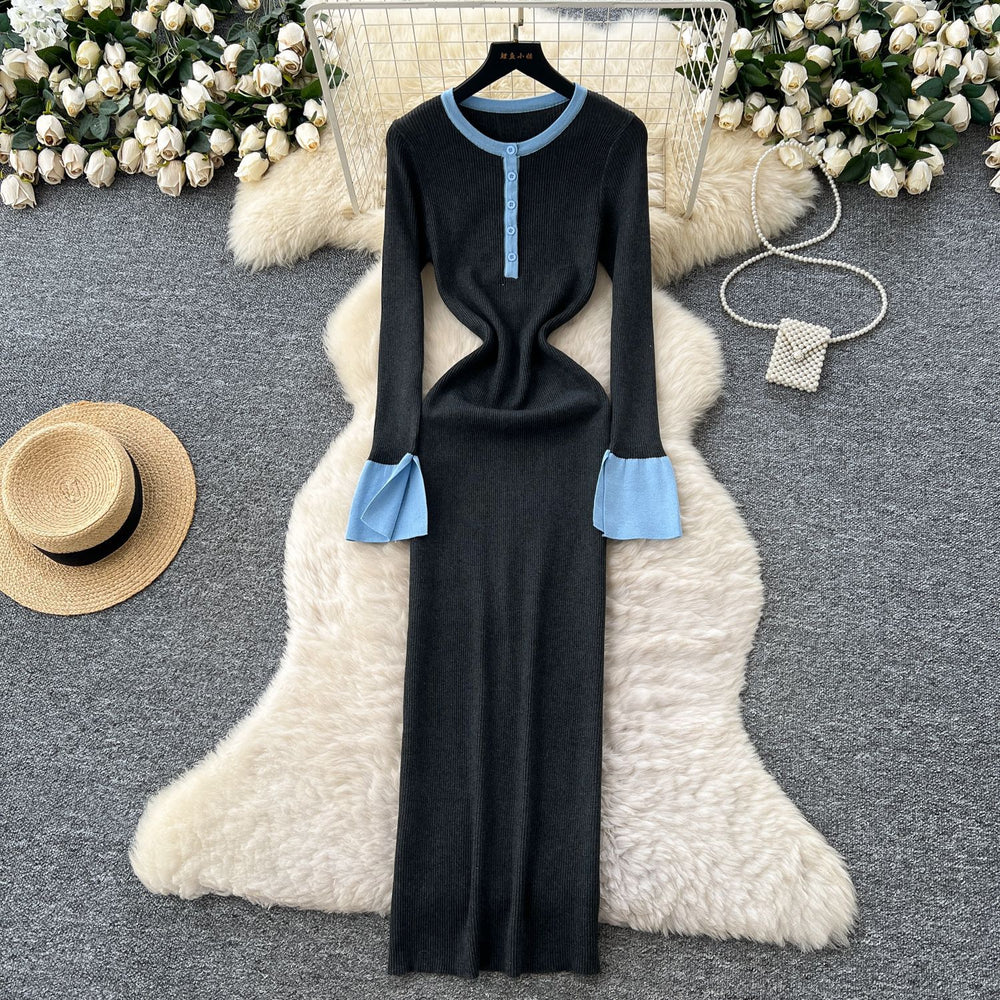 Frenchretrofashionablecontrast color round neck slit long sleevesknittingdress women's autum waist slimming look bottom long skirt