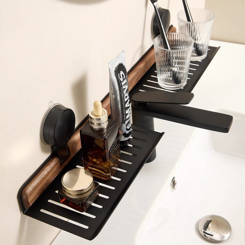 Walnut suction cup bathroom organizer - no drilling required, over-mirror faucet & vanity storage rack
