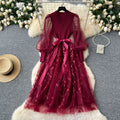 French chic embroidered mesh lantern sleeve knit patchwork waist-tie flared fairy dress