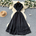 French chic elegant dress - women's  summer design: cutout detail, patchwork, turn-down collar, short sleeves, cinched waist, maxi length