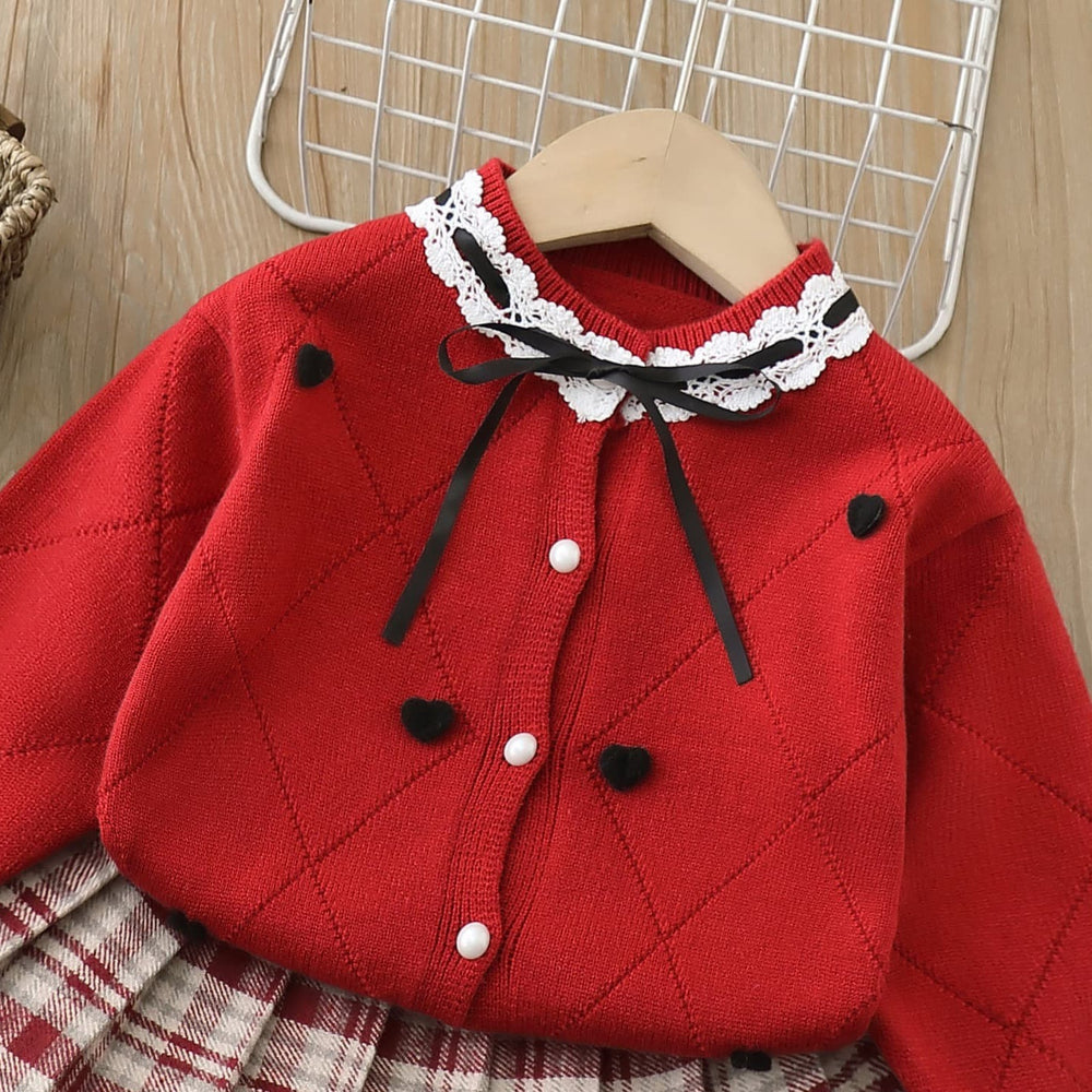 Girls' knit sweater set -  new heart knit sweater korean style tie-up bow soft cardigan two-piece set