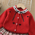 Girls' knit sweater set -  new heart knit sweater korean style tie-up bow soft cardigan two-piece set