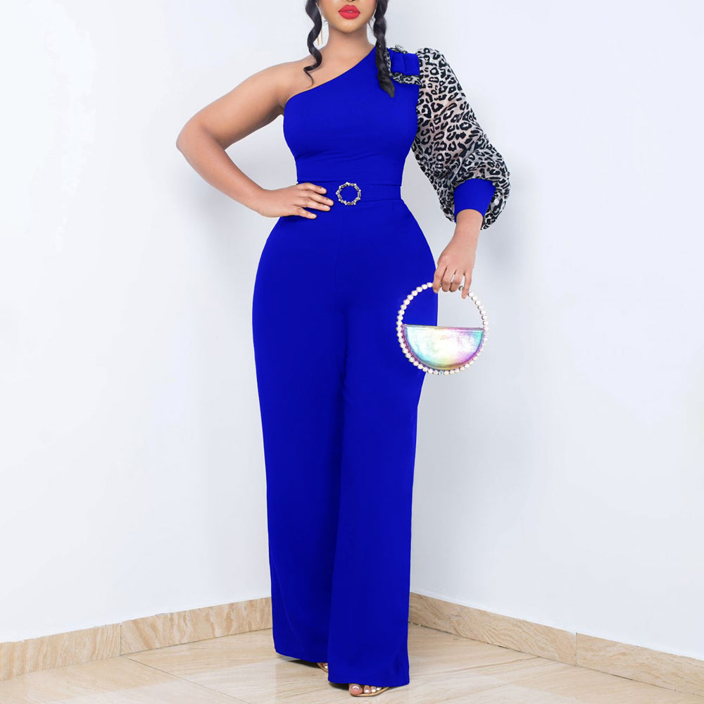 D405p with belt independent station foreign trade women's clothing slanted shoulder sexy waist elegant wide leg large size european and american jumpsuit