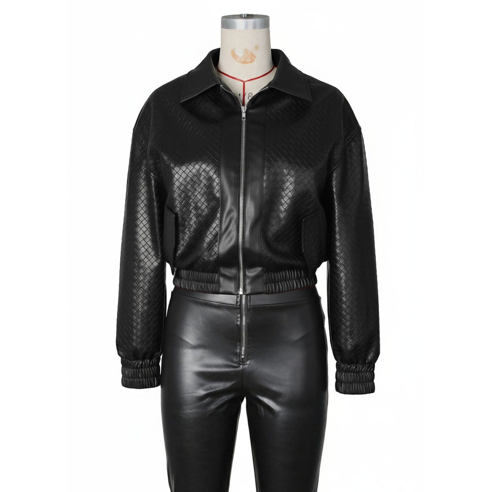 Best selling braided pattern pu leather jacket women's short lapel zipper motorcycle outwearfashionlooseexport women's top