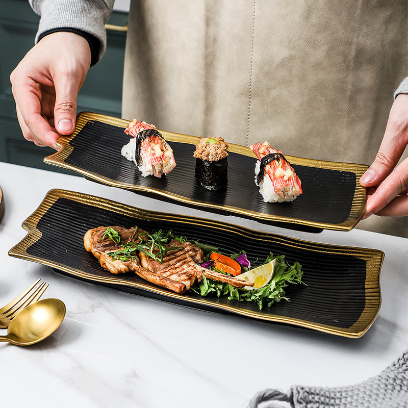 Gold-trimmed ceramic dinnerware: western steak plates, sushi rectangular dishes, hotel gold-edged buffet plates - wholesale