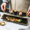Gold-trimmed ceramic dinnerware: western steak plates, sushi rectangular dishes, hotel gold-edged buffet plates - wholesale