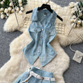 Korean style commute v-neck sleeveless denim vest two-piece set - women's summer slimming belted outfit