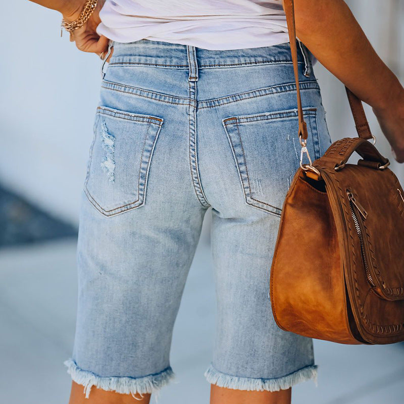 european and american women's clothing  new arrival ripped slimming lookeasiest for match denim washed raw edge 5-point pants