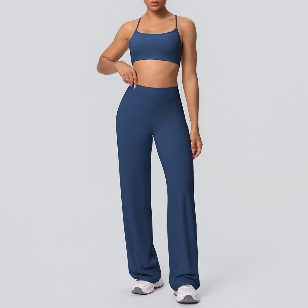 Sexy suspender back high waist hip lifting loosestraight-leg sports pants suit quick-drying running yoga fitness wear for women