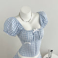 In-stock - 95333#  cross-border summer women's plaid puff sleeve blouse & a-line skirt two-piece set