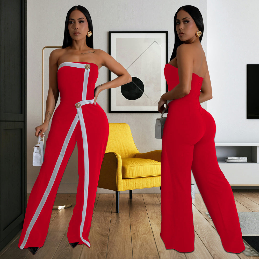 C7205 cross-border   fashion women's sexy bandeau sleeveless backless button jumpsuit