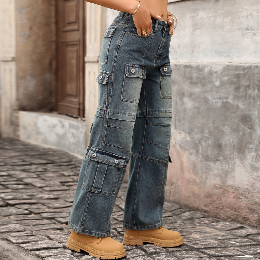 Fashion cross-border foreign trade  heavy industry multi-pocket washed high waist wide leg pants loosemop denim women's pants
