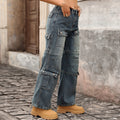 Fashion cross-border foreign trade  heavy industry multi-pocket washed high waist wide leg pants loosemop denim women's pants