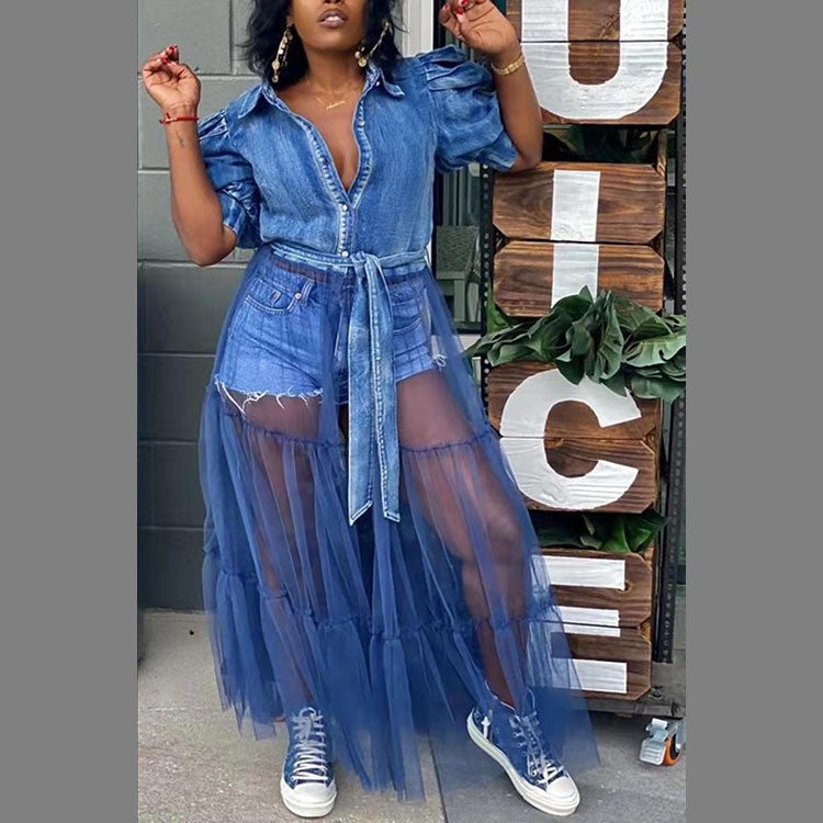 new european and american plus size women's dress cardigan long skirt elegant commute blue denim patchwork mesh skirt