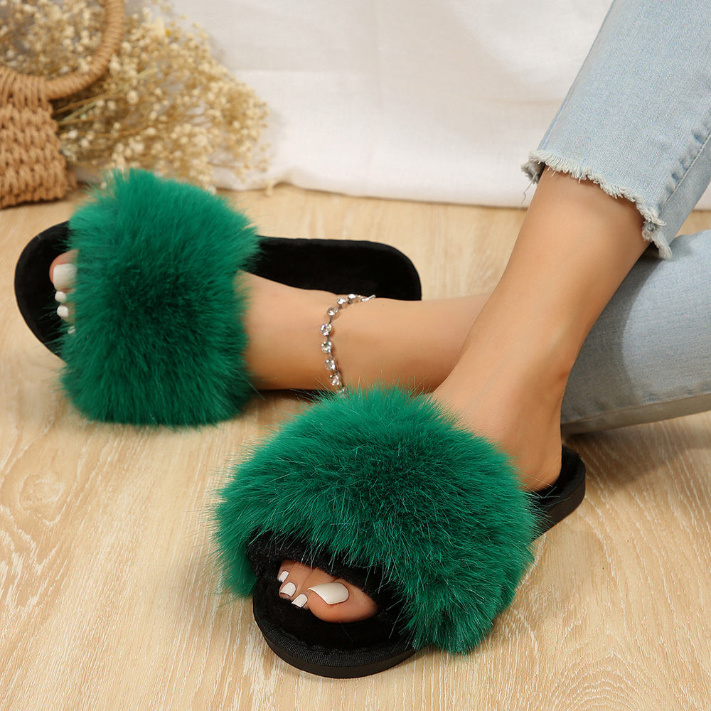 Fuzzy slippers women's outerwear 2025 new korean style ins trendy shoes autumn and winter one-strap thick sole cotton slippers autumn and winter collection
