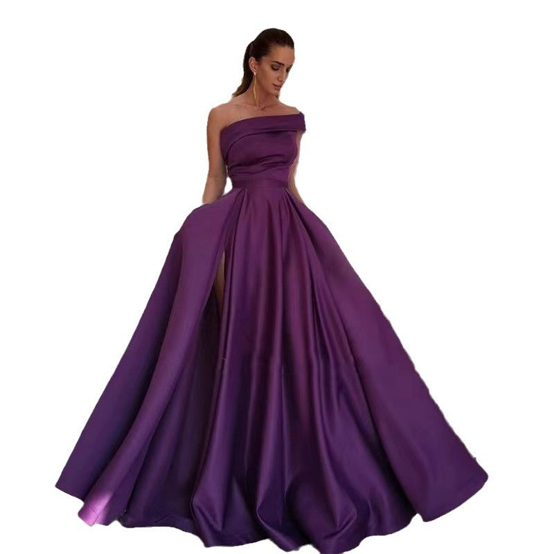 Export one-shoulder satin dress  evening dress birthday party tutu skirt green high slit sexy jumpsuit