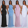 C7370 cross-border   fashion women's elegant one-shoulder sexy see-through solid color dress