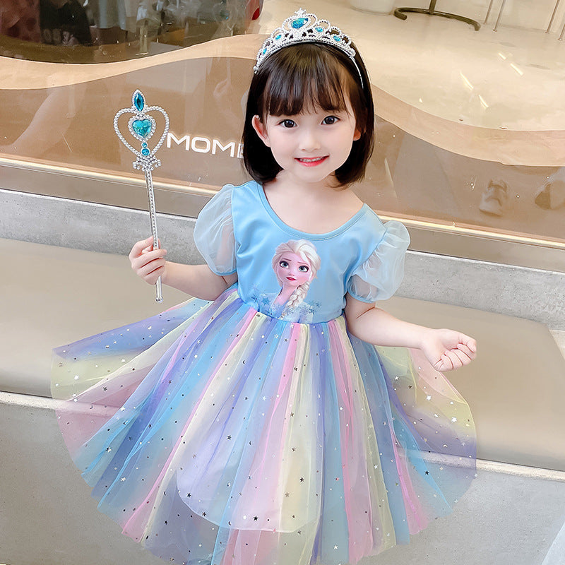 Girls' elsa princess dress - summer rainbow dress for kids - summer cotton elsa new style dress - korean style trendy baby dress