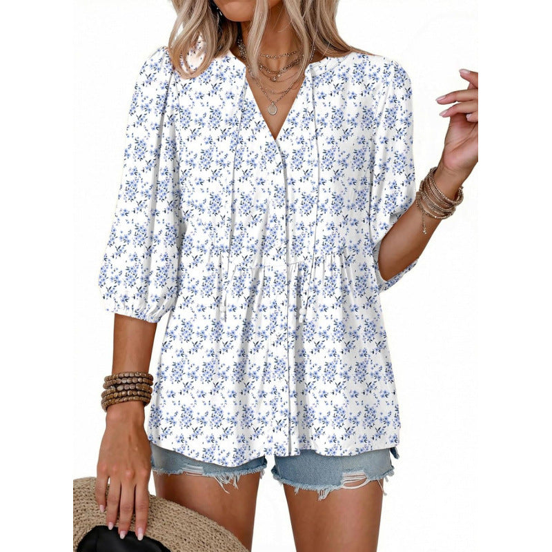 summer bohemian floral short sleeve button-down v-neck ruffle trim babydoll casual loose shirt