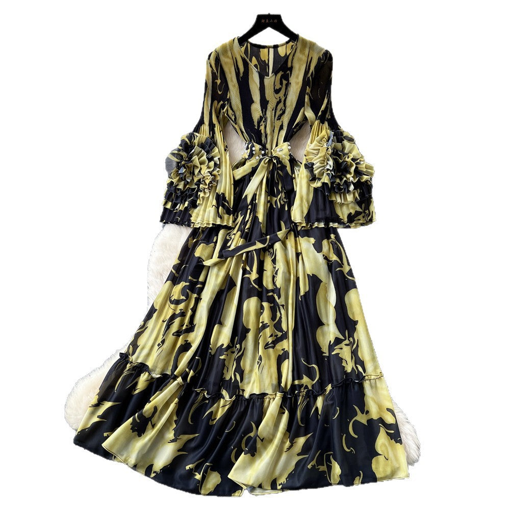 French printing women's long sleevesstereo flower v neck waist dress slimming look holiday style long skirtelegant