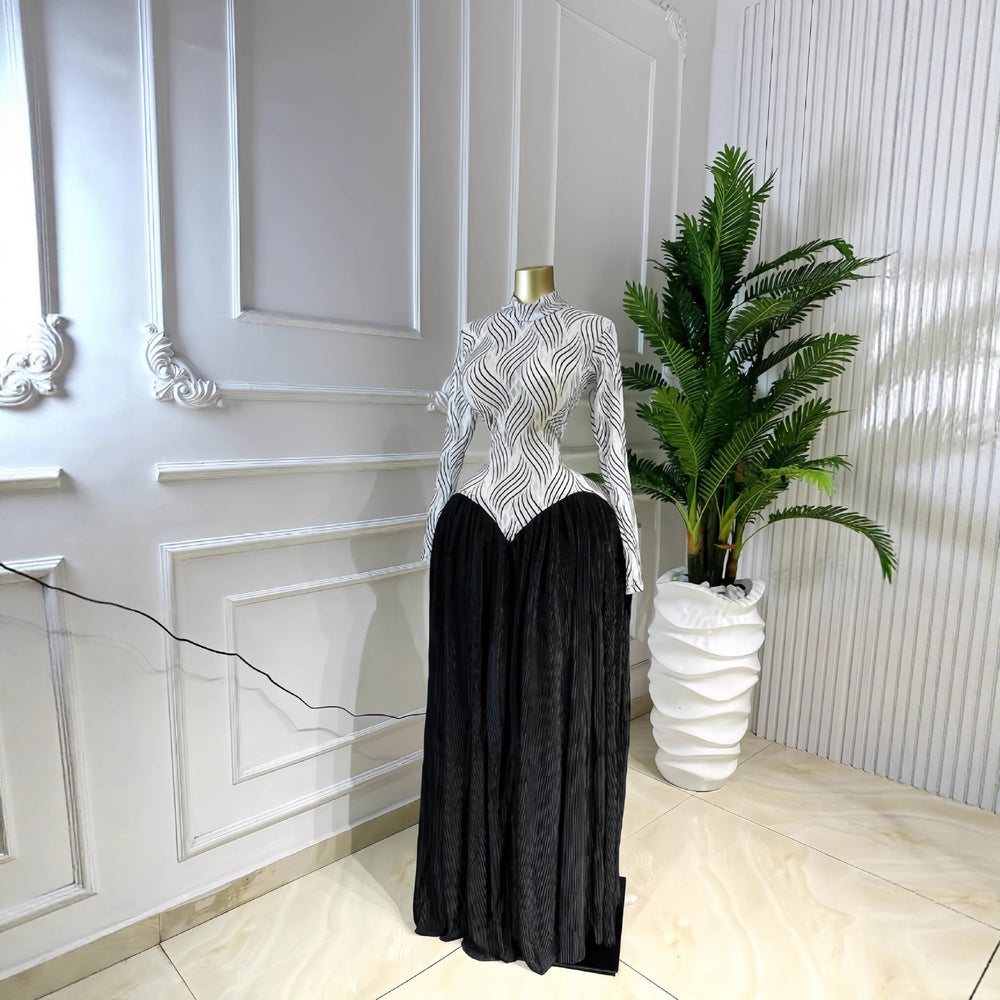 European and american cross-border women's winter  new arrival: long-sleeved stand collar slim-fit patchwork pleated maxi dress - elegant style