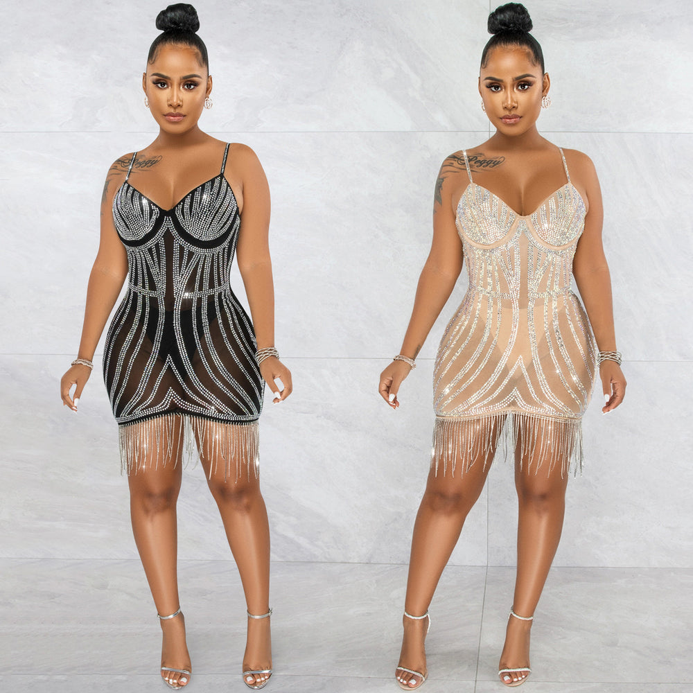 X5633   fashion new product hot diamond sexy suspender sleeveless chest wrap short skirt flowing beard dress