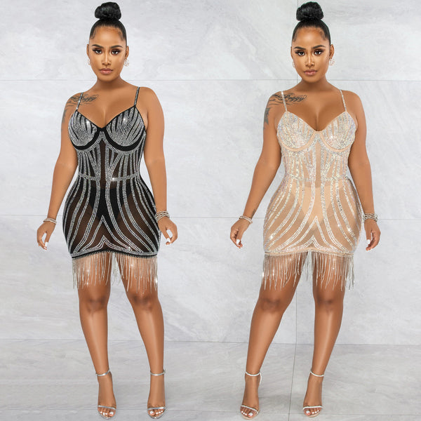 X5633   European and American new hot diamond sexy suspender sleeveless chest skirt beard dress
