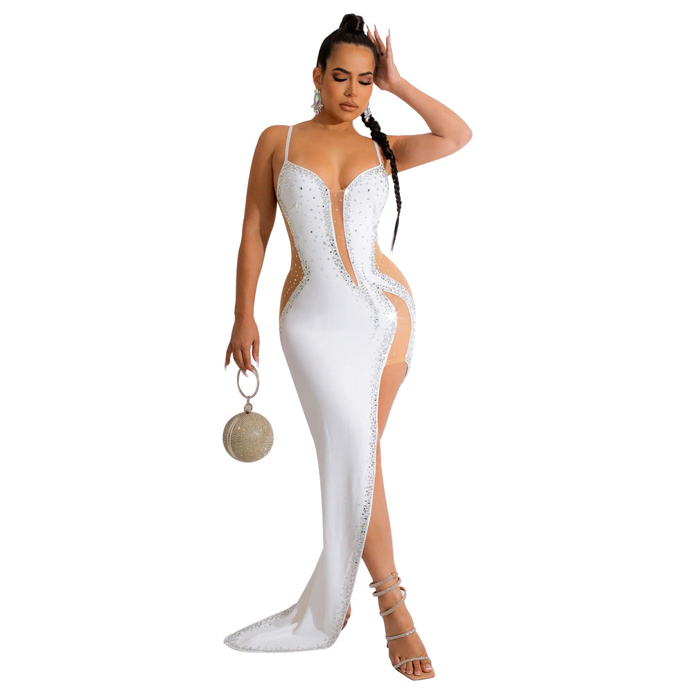 C6039   fashion women's solid color rhinestone hotfix long dress v-neck sleeveless spaghetti strap dress