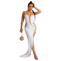 C6039   fashion women's solid color rhinestone hotfix long dress v-neck sleeveless spaghetti strap dress