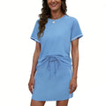 european and american cross-border women's round neck solid color raglan sleeve short sleeve drawstring mini skirt activewear set