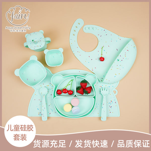 Processing custom silicone children's tableware set, food grade silicone children's placemat, baby water cup bib set