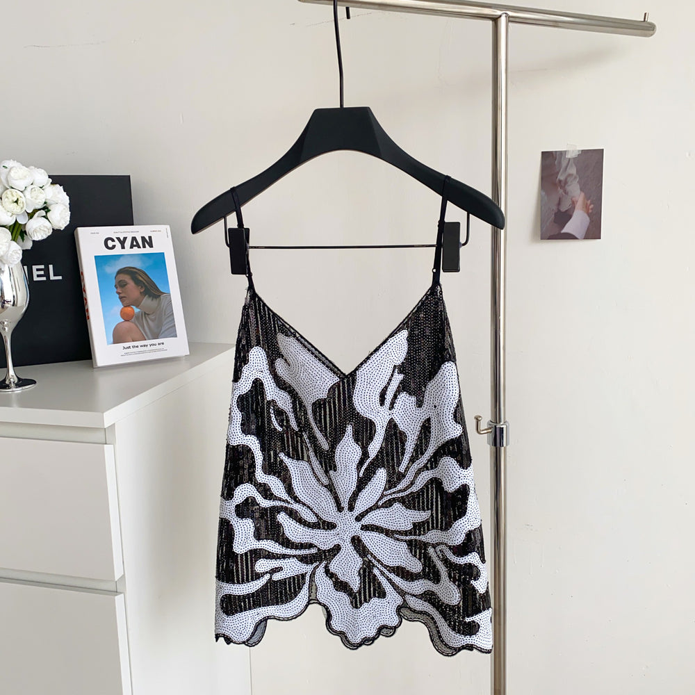 Accessible luxuryfashion style camisole women's summer heavy industry sequin mesh sense of design fried street hot girlpetitestops
