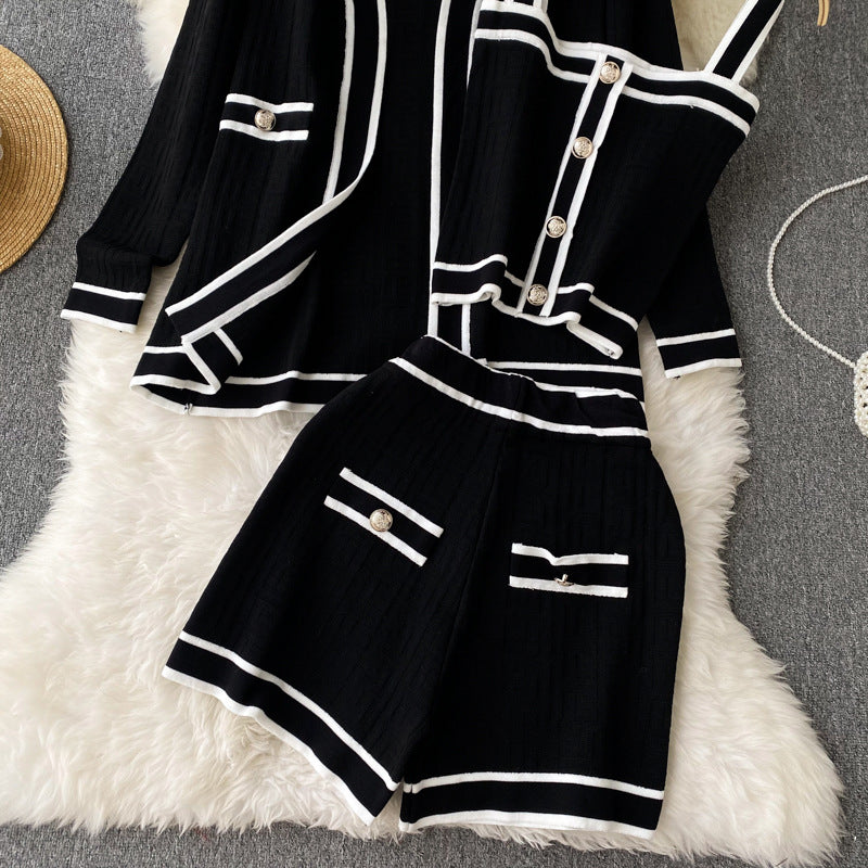 Xiaoxiangfeng autumn clothing 2022 new arrival women's suitlong sleevesknittingcardiganoutwear camisole wide legshorts
